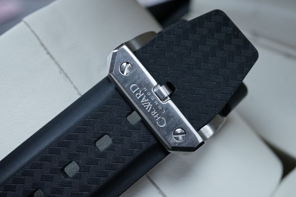A boxed modern Christopher Ward of London stainless steel C70 Racing Green chronograph wrist watch, limited edition no.306/500, case diameter 42mm, on an Italian rubber strap with Christopher Ward buckle, with pamphlets.